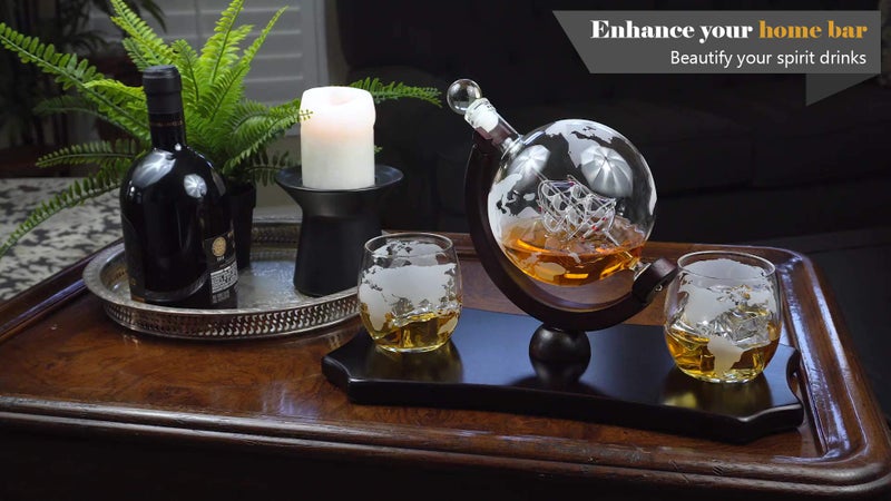Bezrat Globe Whiskey Decanter Set - + 2 Whisky Glasses on Rich Wood Classic Mahogany Base Tray - Gift Packaging - Antique Ship Whiskey Dispenser for Liquor Scotch Bourbon - Christmas Holiday Gift - Image 2